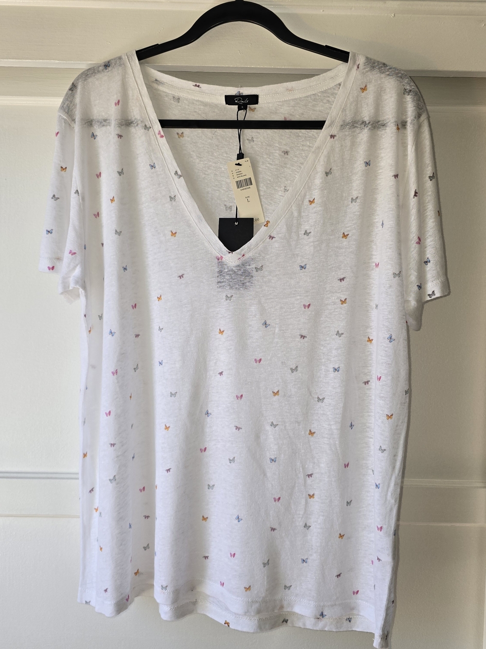 Rails Anthropoligie White V-Neck Tee with Multicolor Butterfly Print